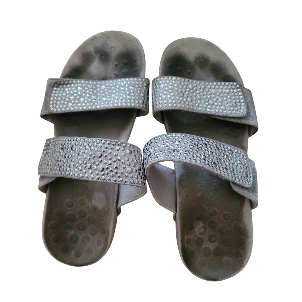 Vionic Womens Grey Rhinestone Dual Strap Slide Sandals Orthotic Comfort Size 7.5